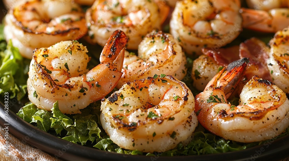 A photo of close-up shrimp on lettuce bed, adorned with parsley A photo of close-up shrimp on lettuce bed, adorned with parsley