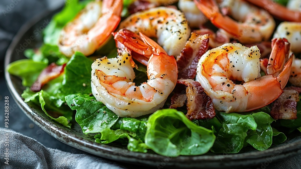 A plate filled with shrimp and lettuce on top of a bed of lettuce A plate filled with shrimp and lettuce on top of a bed of lettuce