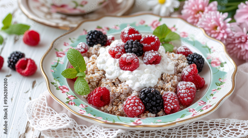 a buckwheat and berry bowl, topped with fresh raspberries, blackberries, and a dollop of Greek yogurt, served on a pastel-colored plate with a lace napkin a buckwheat and berry bowl, topped with fresh raspberries, blackberries, and a dollop of Greek yogurt, served on a pastel-colored plate with a lace napkin