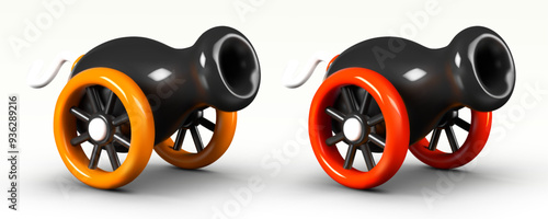 Funny 3D cannon gun in cartoon style. Glossy wheeled artillery. Ranged weapons