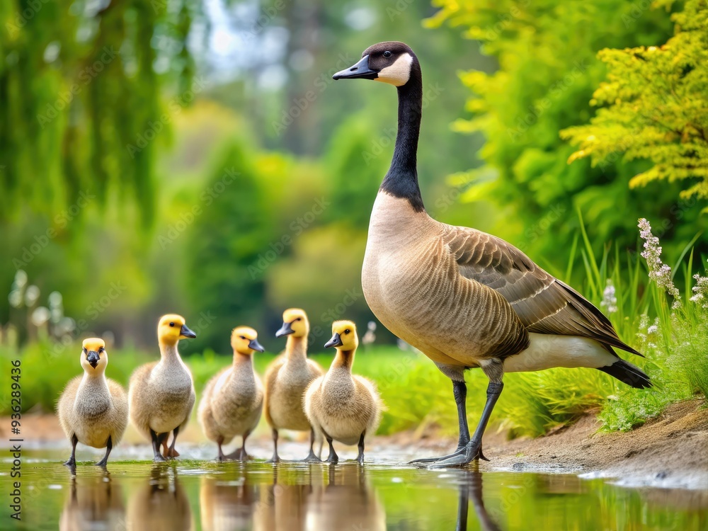 Obraz premium A majestic Canada goose family waddles together, showcasing the adults' distinctive black heads and necks, white facial patches, and warm brown plumage, amidst a serene natural setting.