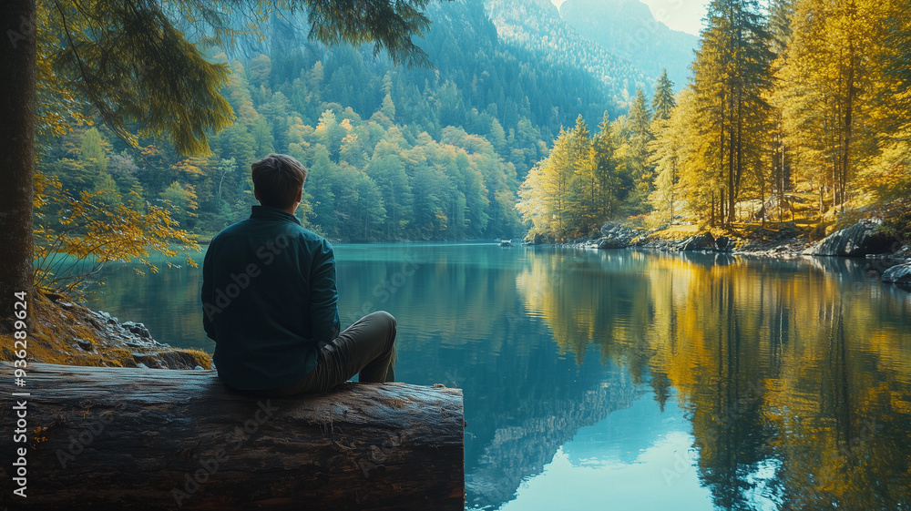 A peaceful moment captured as a man sits on a log, looking out at a tranquil river, surrounded by a vibrant forest and mountains. Ai generated A peaceful moment captured as a man sits on a log, looking out at a tranquil river, surrounded by a vibrant forest and mountains. Ai generated