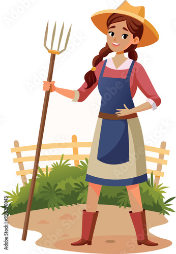 Female farmer is holding a pitchfork in her hand on a farm-