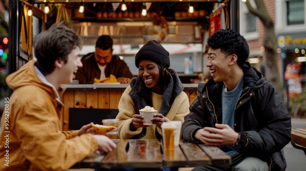 Three friends gather joyfully around a table outside a vibrant food truck, sharing laughter and warm treats under twinkling lights on a cool night Three friends gather joyfully around a table outside a vibrant food truck, sharing laughter and warm treats under twinkling lights on a cool night