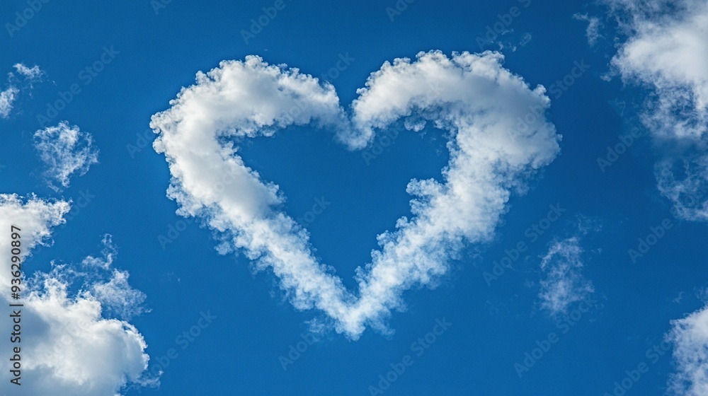 A heart-shaped cloud floats in a blue sky, surrounded by white clouds A heart-shaped cloud floats in a blue sky, surrounded by white clouds