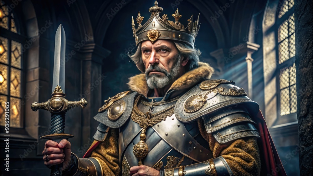 A majestic medieval warrior in ornate armor, adorned with regal finery, proudly holds a ceremonial sword, embodying historic authority and noble prestige. A majestic medieval warrior in ornate armor, adorned with regal finery, proudly holds a ceremonial sword, embodying historic authority and noble prestige.