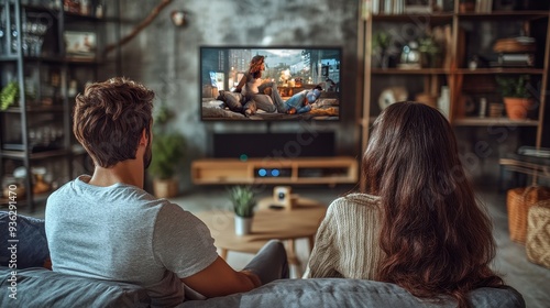 A couple lounges comfortably on their couch, enjoying a streaming show in their stylish living room during a relaxing evening at home