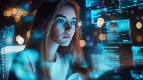 A student is learning online using a computer. The concept highlights the role of education technology in modern learning. Generative AI.
