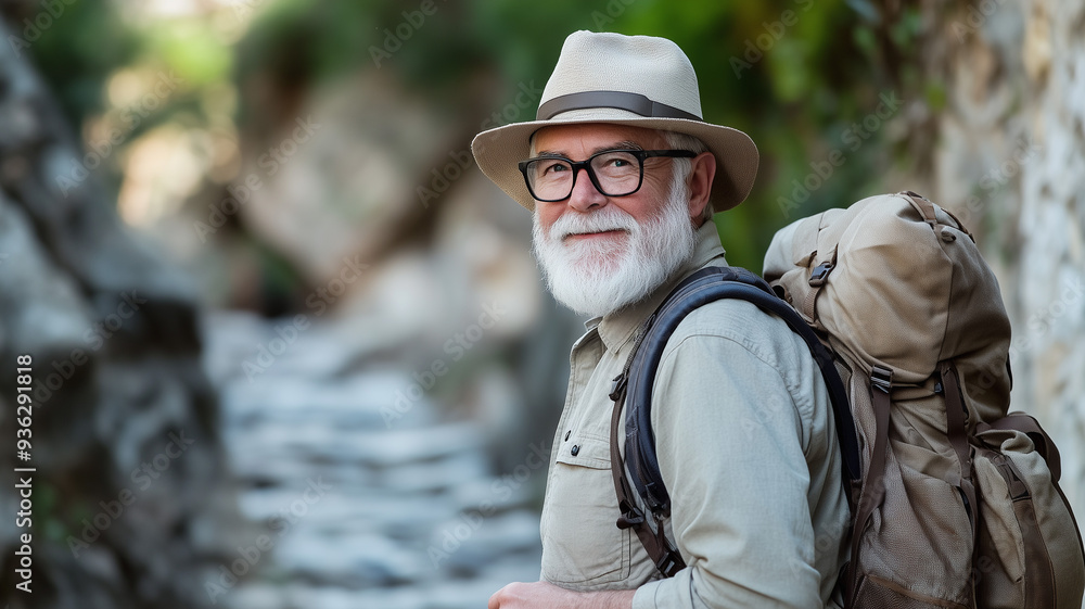 A senior traveler with a white beard and moustache, wearing glasses and a backpack, walking along a cobblestone path, with a sense of adventure. Ai generated A senior traveler with a white beard and moustache, wearing glasses and a backpack, walking along a cobblestone path, with a sense of adventure. Ai generated