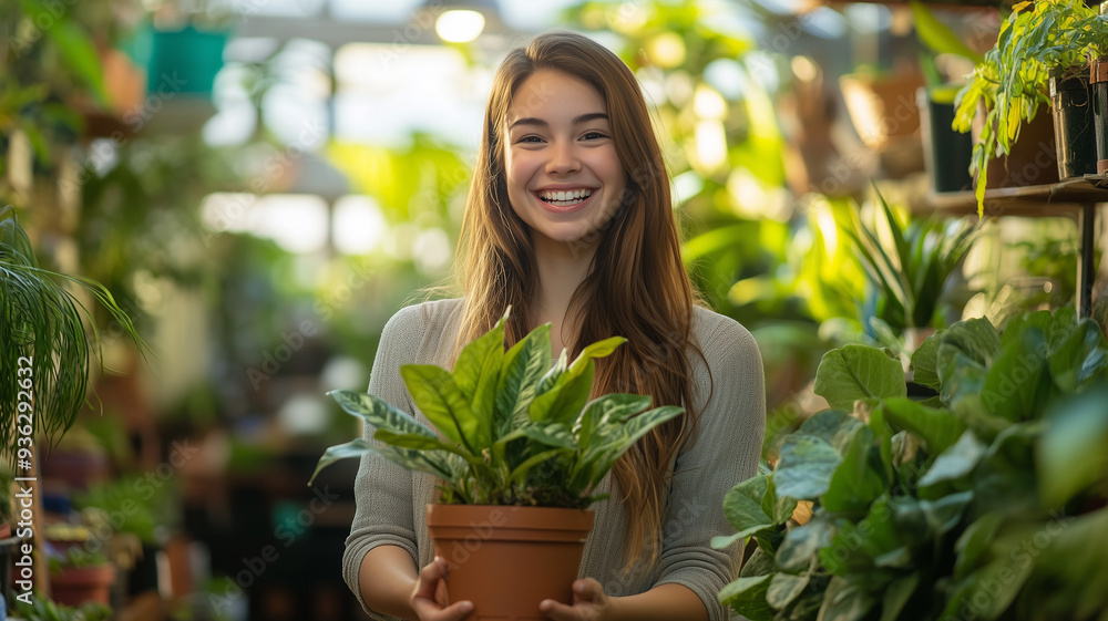 A young woman in a garden center, excitedly holding a potted plant for a customer to see, her positive demeanor evident in her smile. Ai generated A young woman in a garden center, excitedly holding a potted plant for a customer to see, her positive demeanor evident in her smile. Ai generated