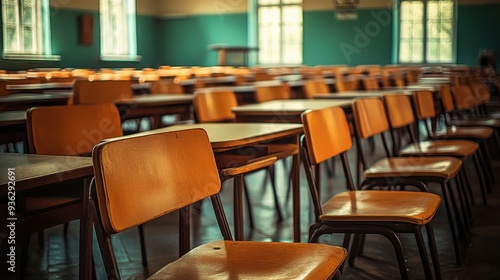 Empty high school classroom with nostalgic vintage tones