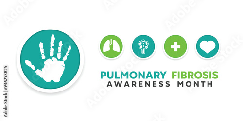 Pulmonary Fibrosis Awareness Month. Hand, lung disorder, plus icon and heart. Great for cards, banners, posters, social media and more. White background.