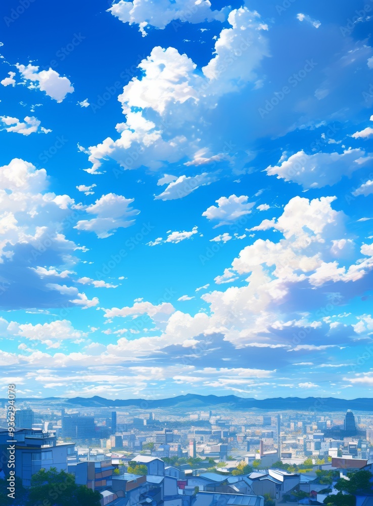 a Serene Sky Full of White Clouds Above a City, with Blue and Azure Sky a Serene Sky Full of White Clouds Above a City, with Blue and Azure Sky