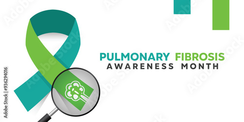 Pulmonary Fibrosis Awareness Month. Ribbon and magnifying glass. Suitable for cards, banners, posters, social media and more. White background.