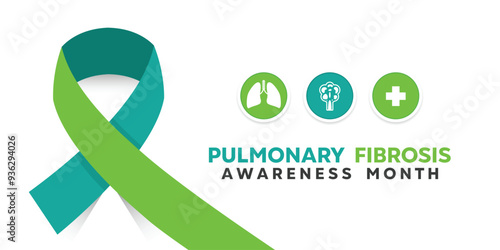 Pulmonary Fibrosis Awareness Month. Ribbon, lung disorder and plus icon. Great for cards, banners, posters, social media and more. White background.