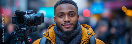 brown male student photographer photographer outdoor cityscape yellow, grey, black, blue photo