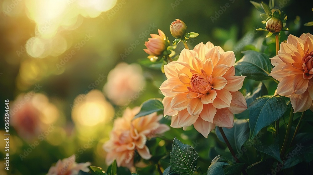 Close-up of flowers on plant with sun shining through leaves and flowers in foreground Close-up of flowers on plant with sun shining through leaves and flowers in foreground