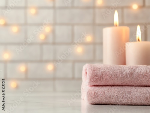 Two lit candles on pink towels against a white brick background with fairy lights.