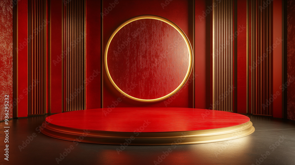 A red room with a gold circle in the center A red room with a gold circle in the center