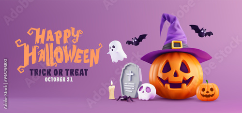 Happy Halloween Background with Pumpkin Jack-O'-Lantern, Witch Hat, Ghosts, and Spooky Decorations. Perfect for Trick or Treat Celebrations, Holiday Parties, and October 31st Festivities