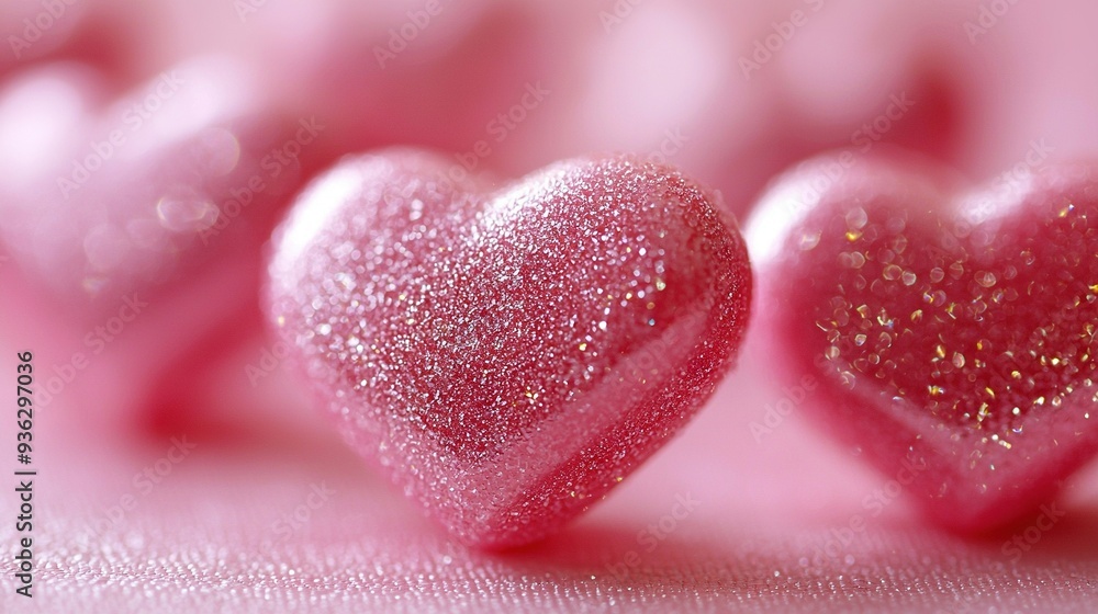 Fototapeta premium Close-up of two heart-shaped candies on a pink background with golden highlights