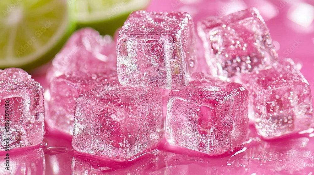 A cluster of ice blocks resting atop a magenta background, alongside a lime wedge and a piece of lime A cluster of ice blocks resting atop a magenta background, alongside a lime wedge and a piece of lime