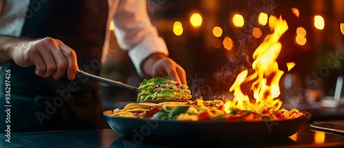 A server preparing a tableside dish, such as flaming crepes or guacamole, for diners photo