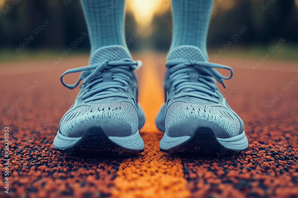 Running shoes on a track with a focus on the laces Running shoes on a track with a focus on the laces