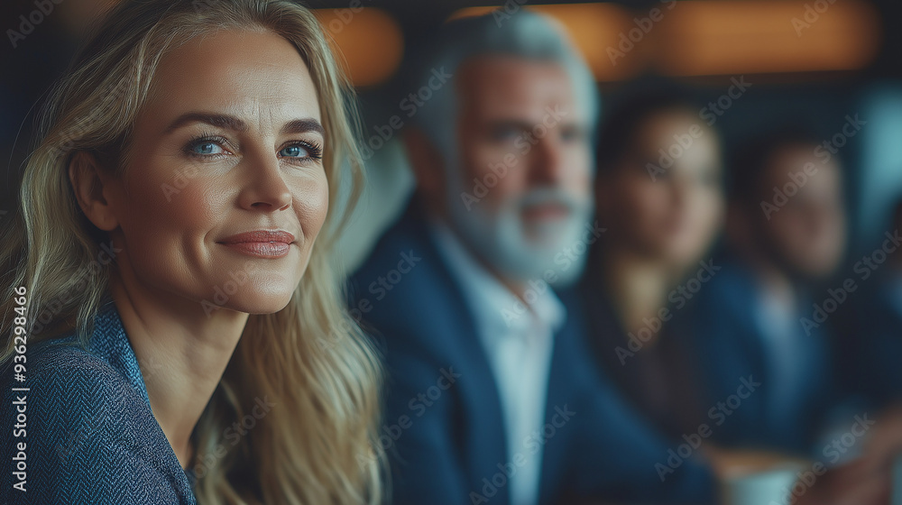 Obraz premium Happy to be in team. Beautiful cheerful woman looking at camera with smile while sitting at the office table with her coworkers