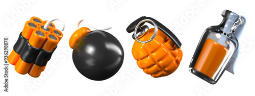 3D bundle of dynamite sticks, cannon ball with cord, grenade with ring, bottle with explosive mix