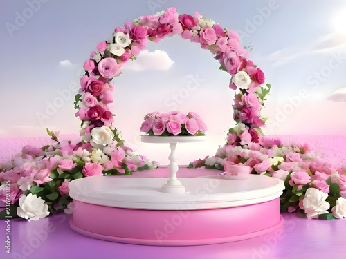 Podium background flower rose product pink 3d spring table beauty stand display nature white. Garden rose floral summer background podium cosmetic valentine Easter field scene gift purple day romantic