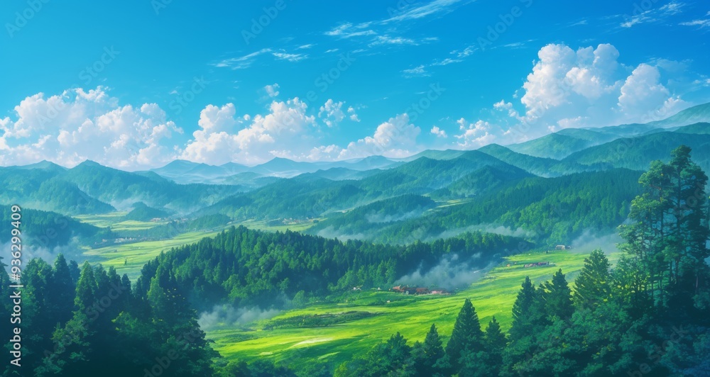 Fototapeta premium A vast forest landscape, a blue sky, and morning mist create an anime-inspired aesthetic