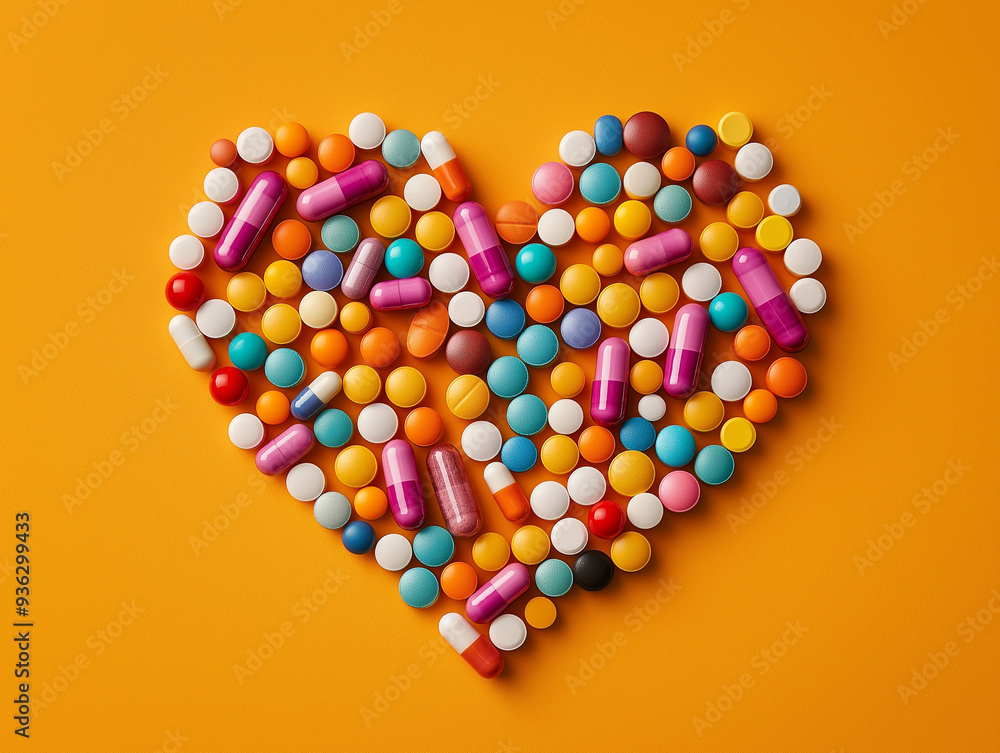 A heart made of pills is on a yellow background A heart made of pills is on a yellow background