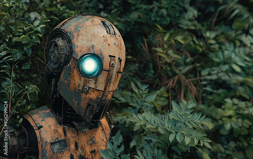 Rusty Robot Head in Overgrown Forest with Glowing Eyes, Isolated photo