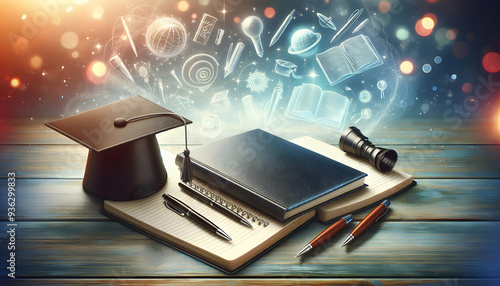 Wallpaper Mural Academic Success: Graduation Cap, Notebook, and Pen on Dreamy Background   Education  Writing Symbolism in Photorealistic Photo Stock Concept Torontodigital.ca