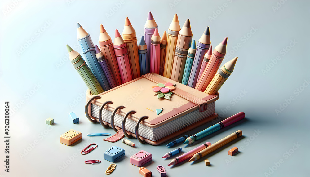 Fototapeta premium Photo Realistic Notebook and Crayons Concept: Icon of Notebook and Crayons on Clean Background, Space for TextGraphics Creativity, Joy of Learning | Photo Stock