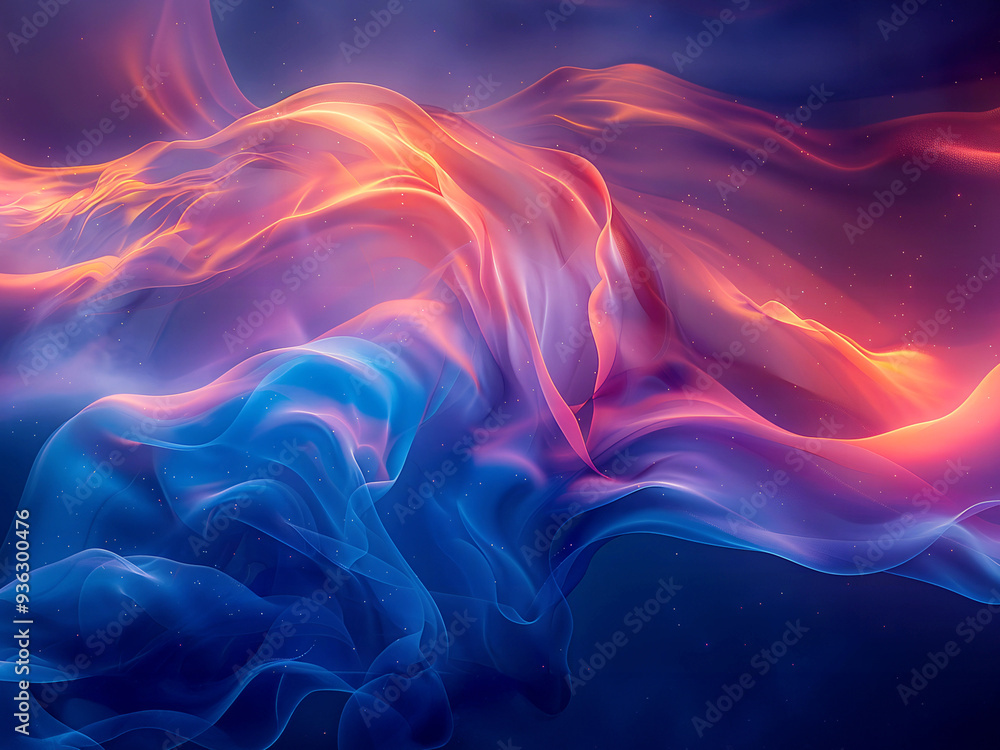 Obraz premium Abstract wavy smoke background. Blue, purple and orange shades with soft gradients and flow.