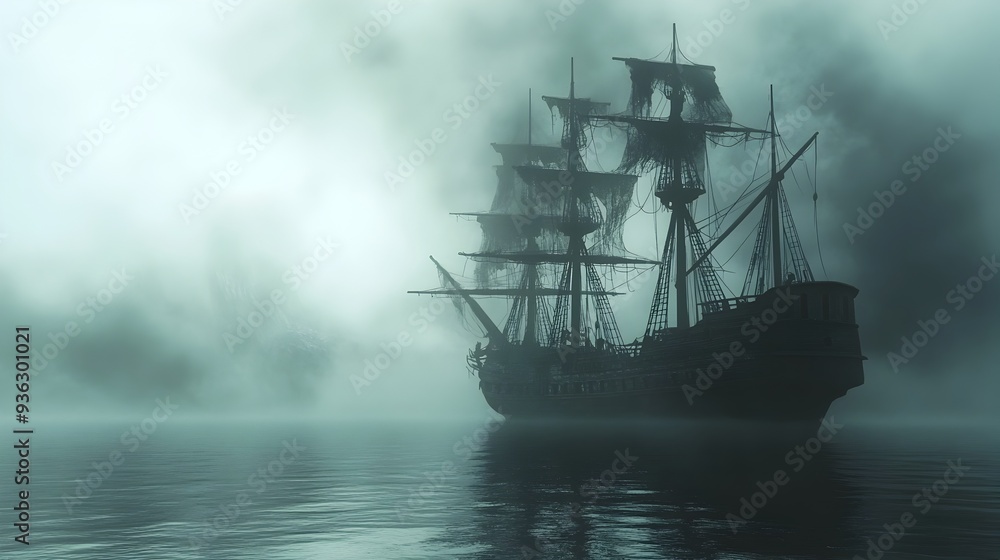 Eerie 3D Rendered Abandoned Pirate Ship Shrouded in Haunting Watercolor Fog Eerie 3D Rendered Abandoned Pirate Ship Shrouded in Haunting Watercolor Fog