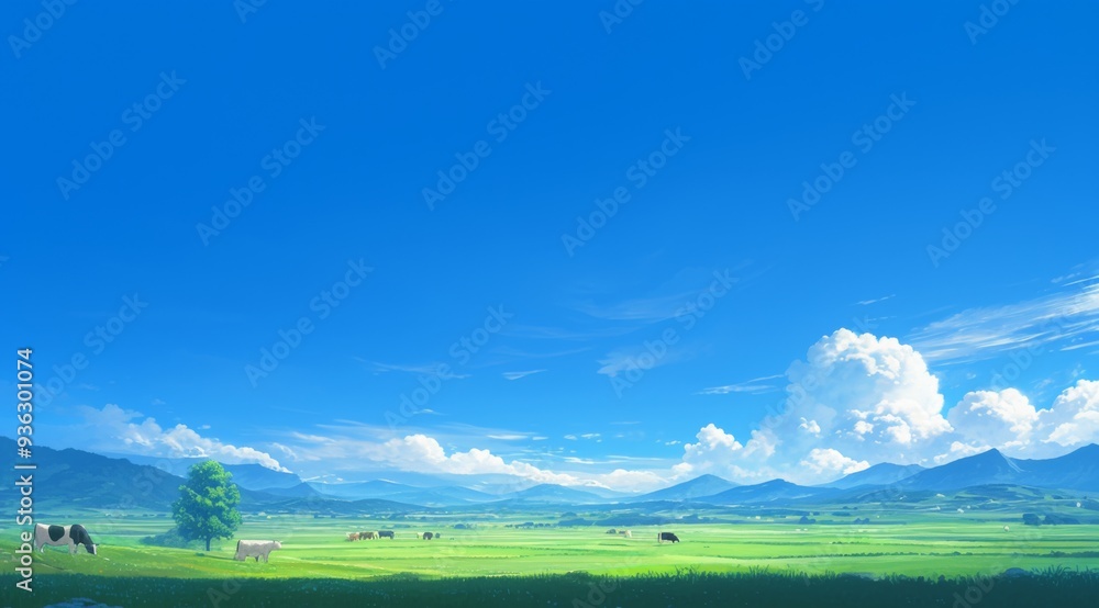Vast Grassland with Green Pastures, Blue Sky, White Clouds, and Grazing Cows in the Distance Vast Grassland with Green Pastures, Blue Sky, White Clouds, and Grazing Cows in the Distance