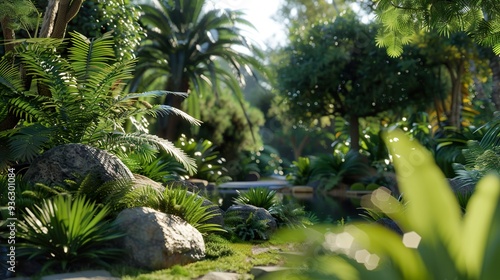 Tropical Forest Landscape with Lush Greenery and Sunlight