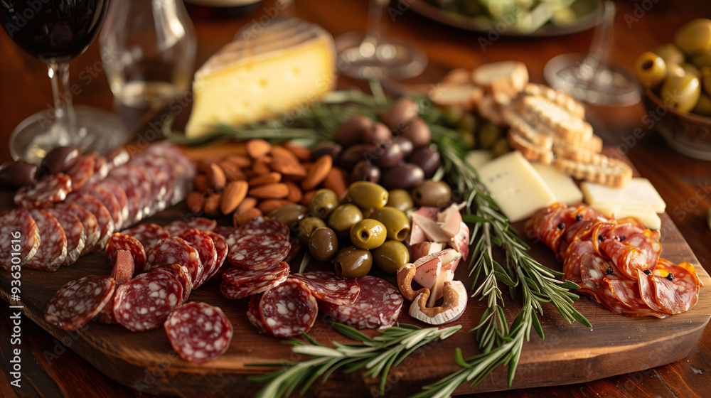 a charcuterie board, featuring a selection of cured meats, cheeses, olives, nuts, and sliced fruits, beautifully arranged on a wooden board with a few wine glasses in the background a charcuterie board, featuring a selection of cured meats, cheeses, olives, nuts, and sliced fruits, beautifully arranged on a wooden board with a few wine glasses in the background
