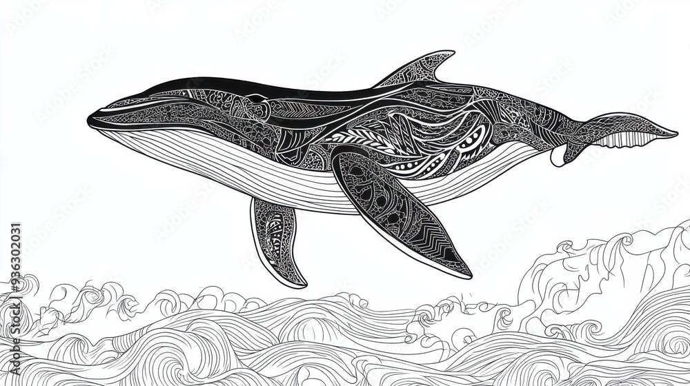 Naklejka premium Outline illustration of a black and white whale for drawing and coloring on white background
