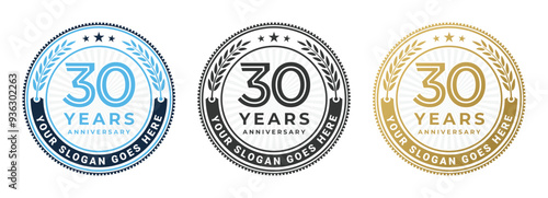 Set of 30 years anniversary logo circle design illustration isolated in blue, black and gold colors