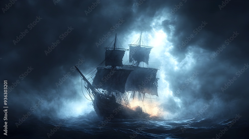 Fototapeta premium Cursed Pirate Ghost Ship Trapped in Eternal Storm Watercolor Style
