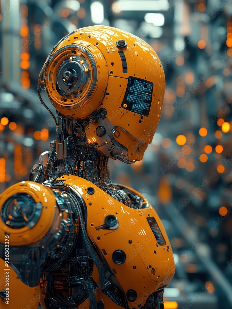 Close-up of a futuristic robot with orange features, showcasing intricate details in a high-tech environment. Close-up of a futuristic robot with orange features, showcasing intricate details in a high-tech environment.