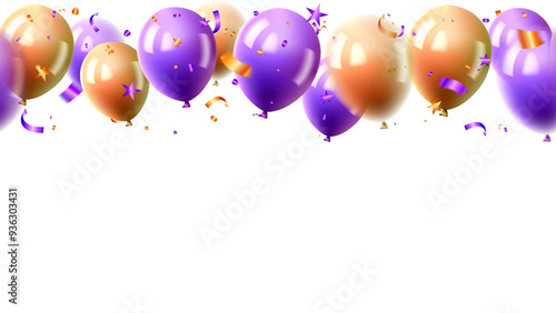 Birthday or holiday party celebrating of purple and orange color realistic balloons isolated background