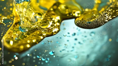 Gold Ink in Water in Slow Motion. Gold Glitter Background with Sparkle Shine Light Confetti