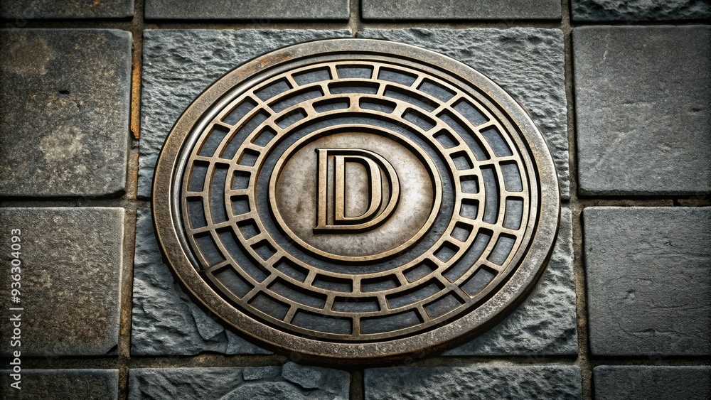 A metallic drain cover with a stylized letter A metallic drain cover with a stylized letter