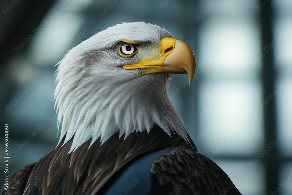 Fototapeta premium A majestic eagle portrait showcasing its striking features and intense gaze against a soft background.