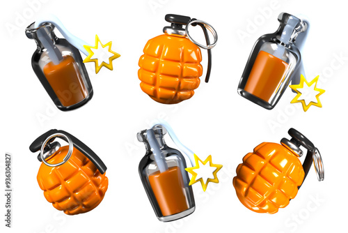 Round ribbed grenade with metal ring, glass bottle with incendiary mixture and fuse